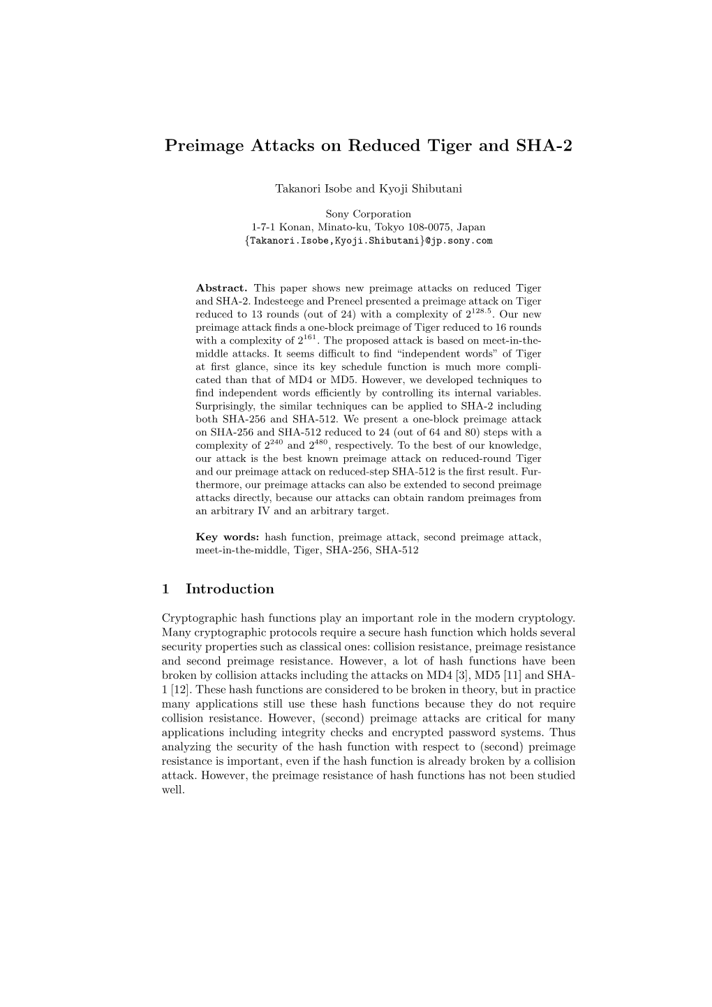 Preimage Attacks on Reduced Tiger and SHA-2