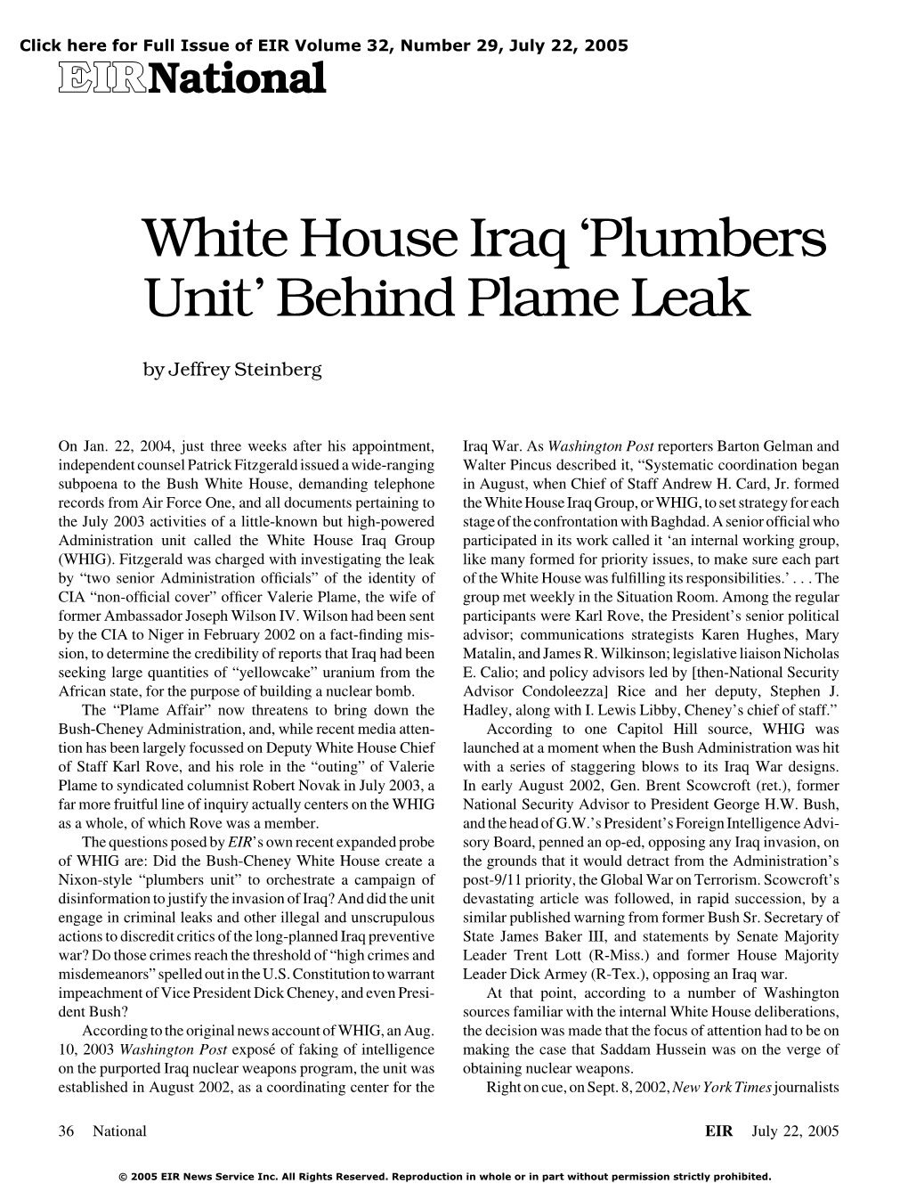 White House Iraq 'Plumbers Unit' Behind Plame Leak