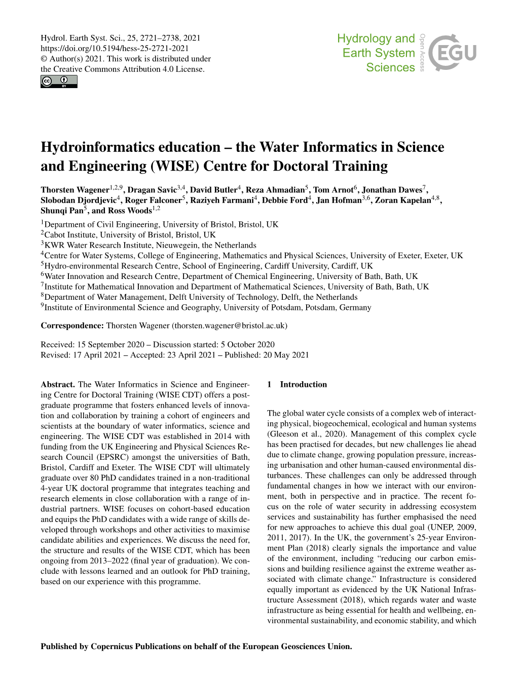 The Water Informatics in Science and Engineering (WISE) Centre for Doctoral Training