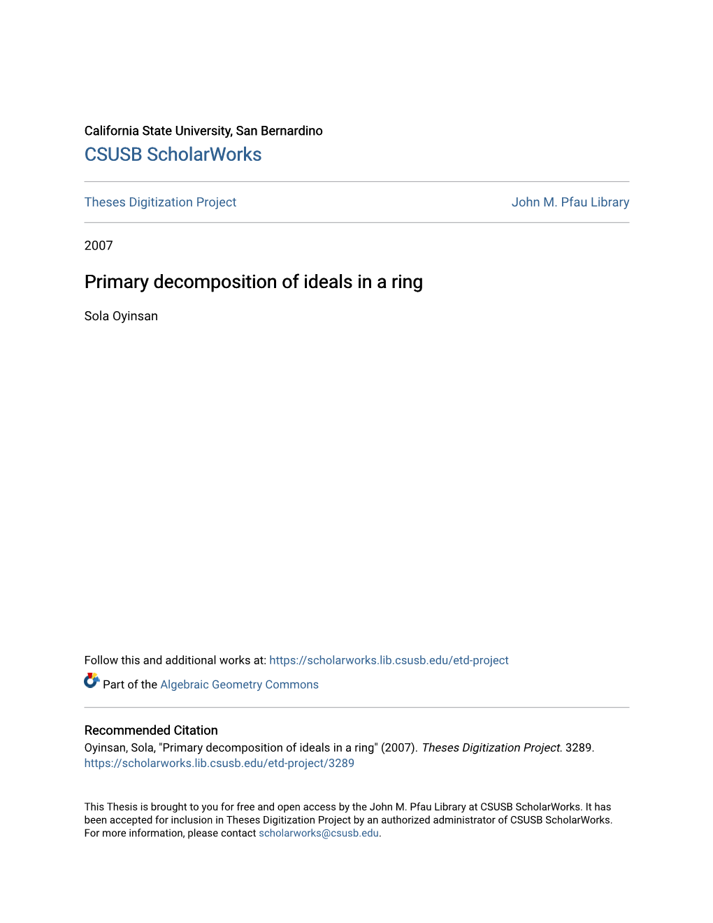 Primary Decomposition of Ideals in a Ring