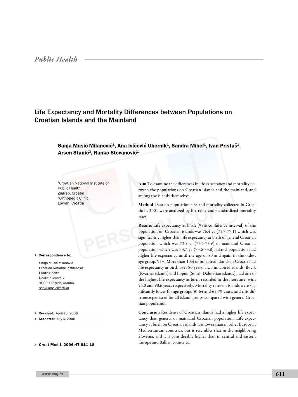 Life Expectancy and Mortality Differences Between Populations on Croatian Islands and the Mainland