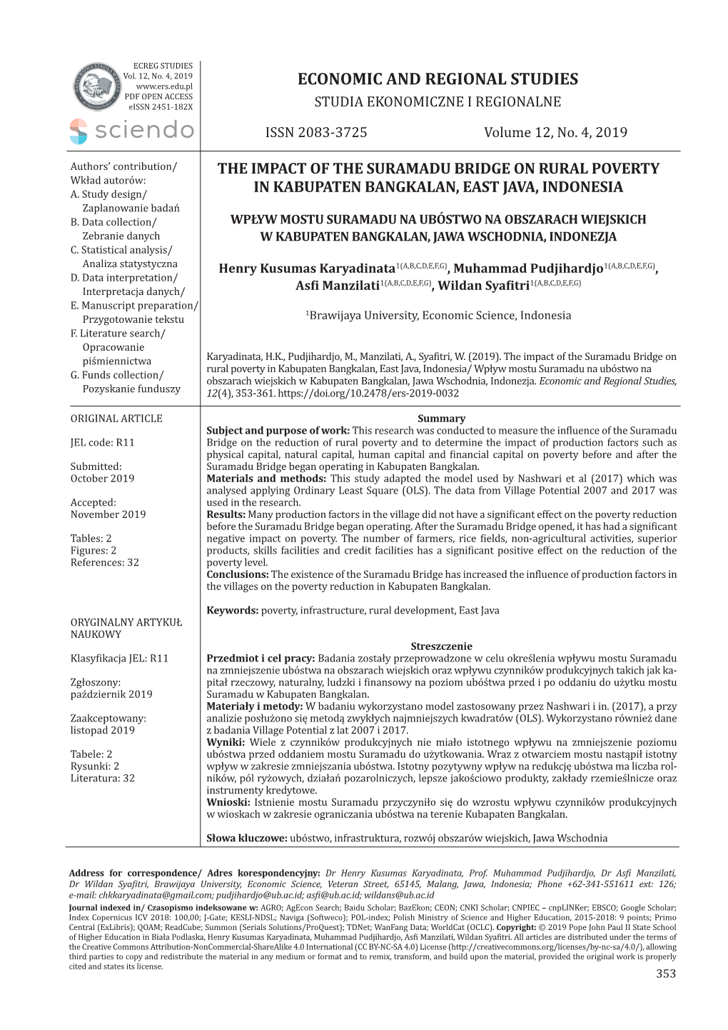 ECONOMIC and REGIONAL STUDIES PDF OPEN ACCESS Eissn 2451-182X STUDIA EKONOMICZNE I REGIONALNE ISSN 2083-3725 Volume 12, No