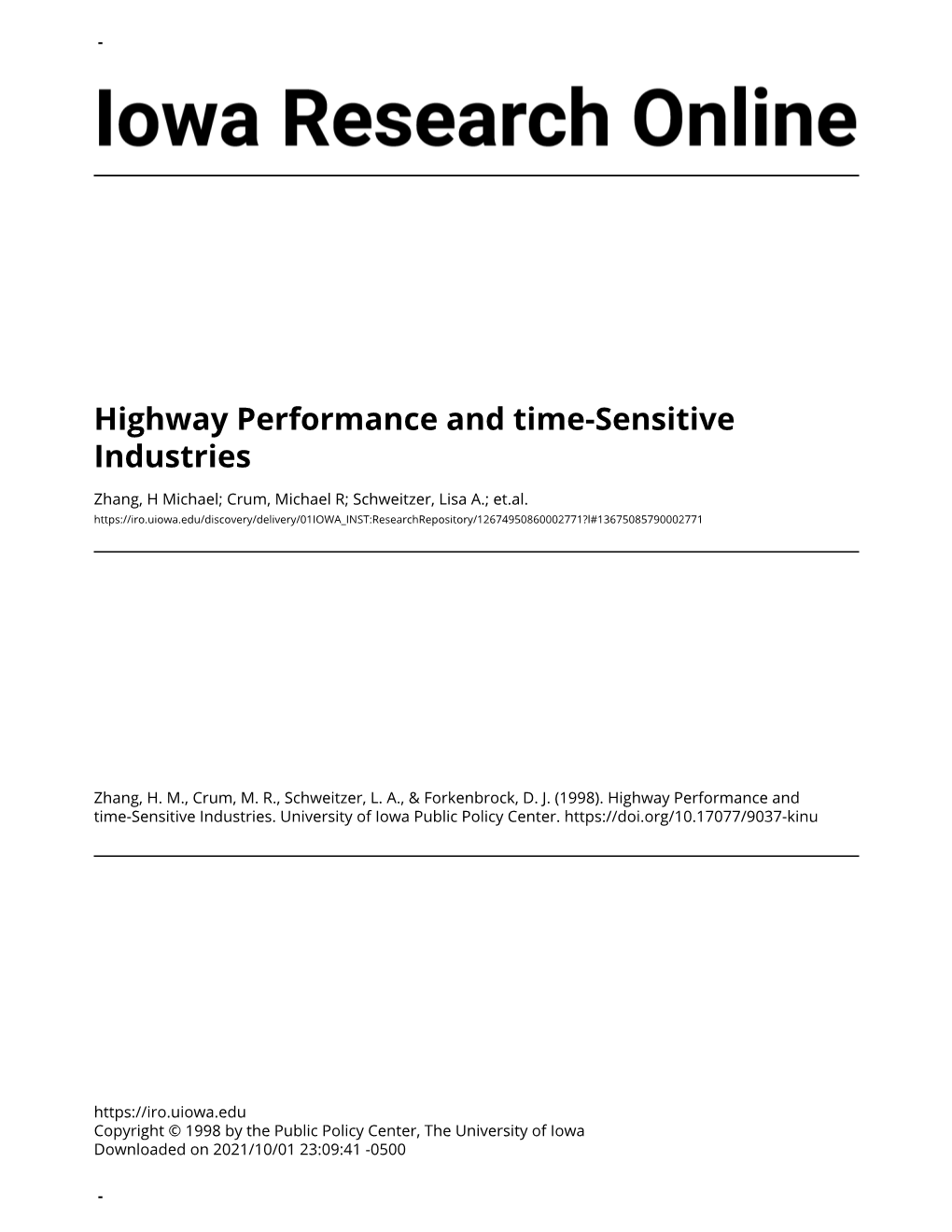 Highway Performance and Time-Sensitive Industries