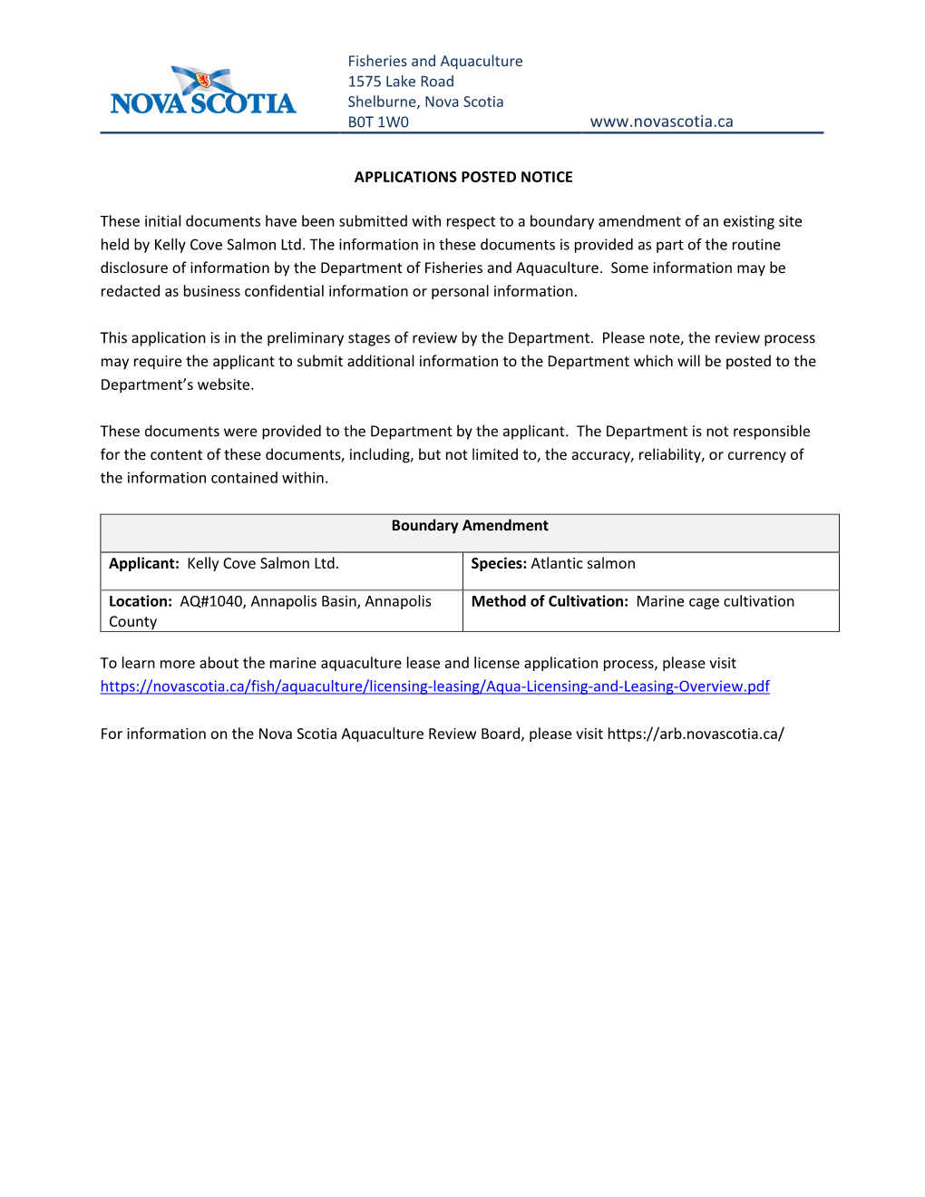 AQ#1040, Annapolis Basin, Annapolis Method of Cultivation: Marine Cage Cultivation County