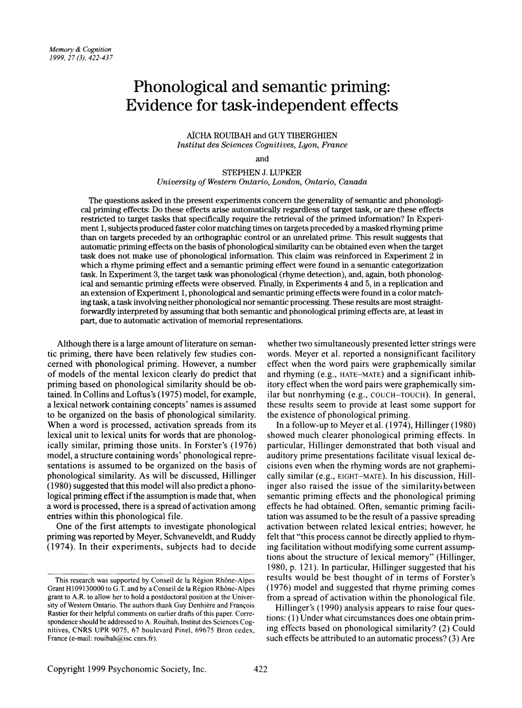 Phonological and Semantic Priming: Evidence for Task-Independent Effects