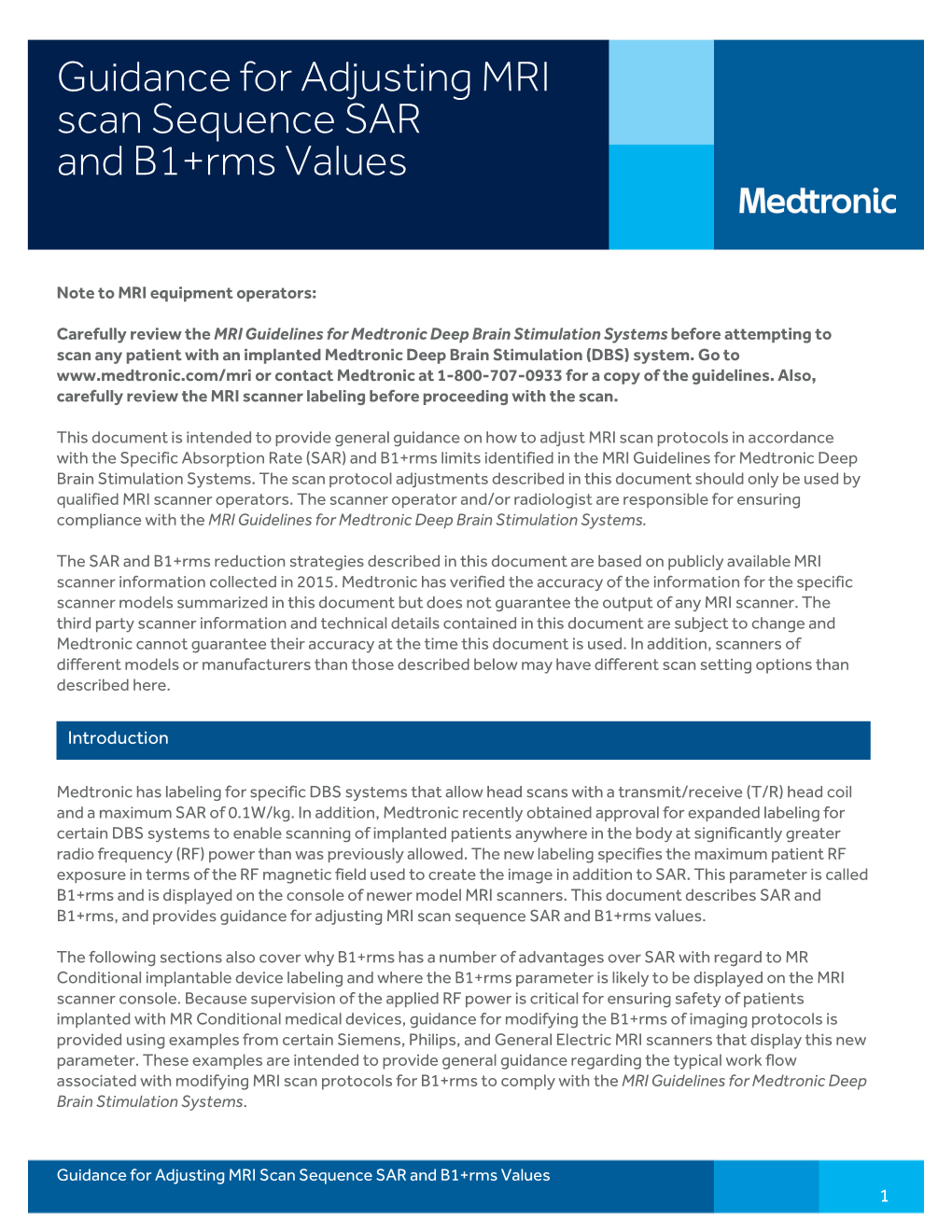 Guidance for Adjusting MRI Scan Sequence SAR and B1+Rms Values