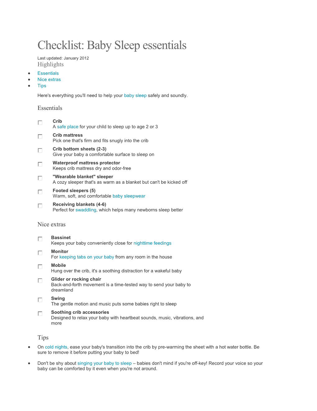 Newborn Sleeping Essentials Checklist