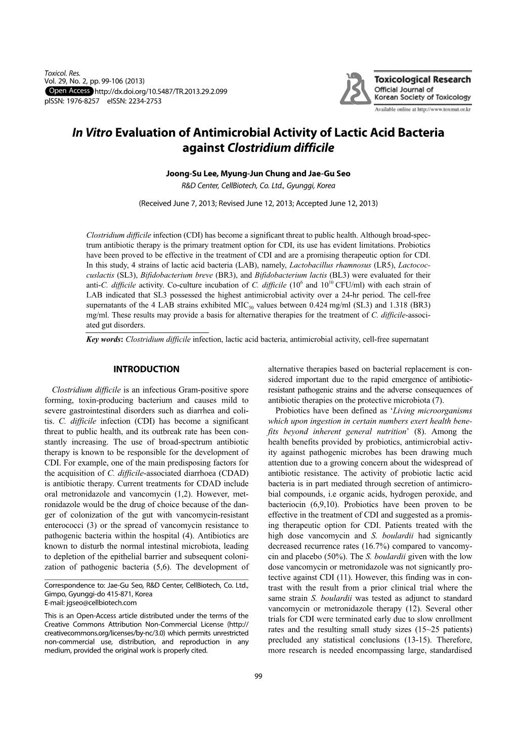 In Vitro Evaluation of Antimicrobial Activity of Lactic Acid Bacteria Against Clostridium Difficile