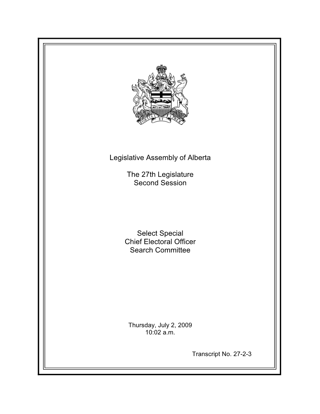 Legislative Assembly of Alberta the 27Th Legislature Second Session