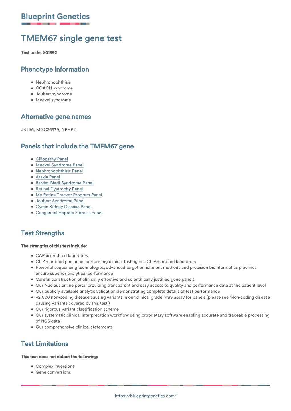 Blueprint Genetics TMEM67 Single Gene Test