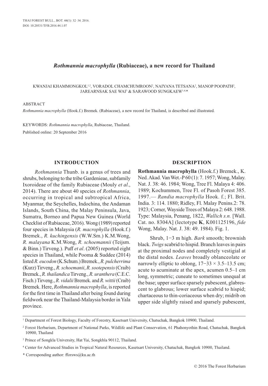 Rothmannia Macrophylla (Rubiaceae), a New Record for Thailand