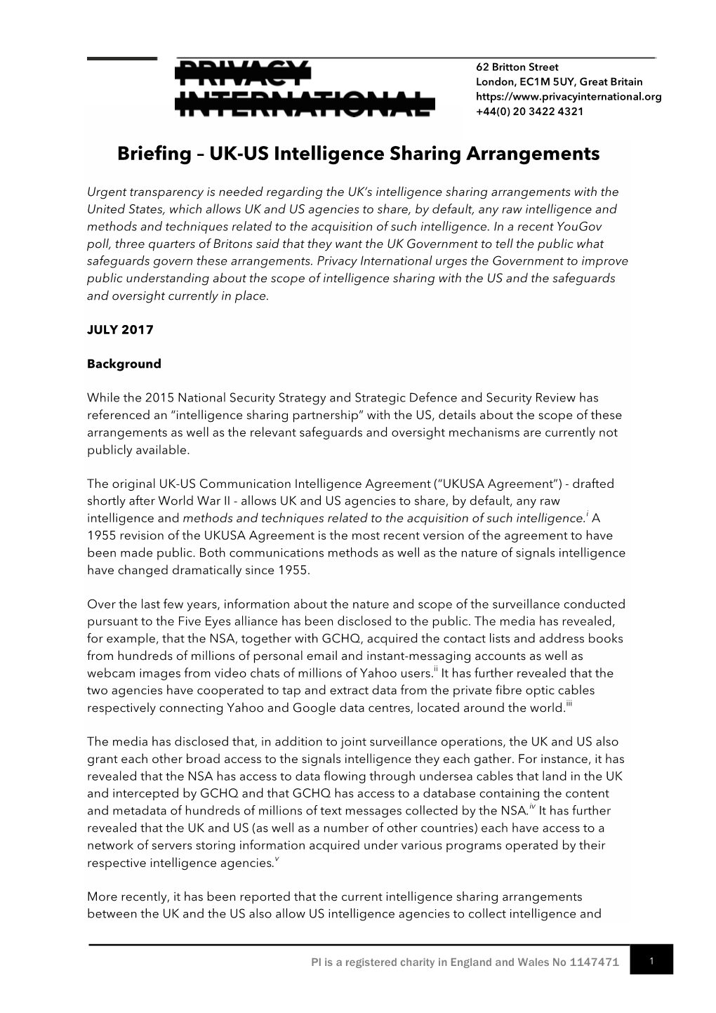 Briefing – UK-US Intelligence Sharing Arrangements