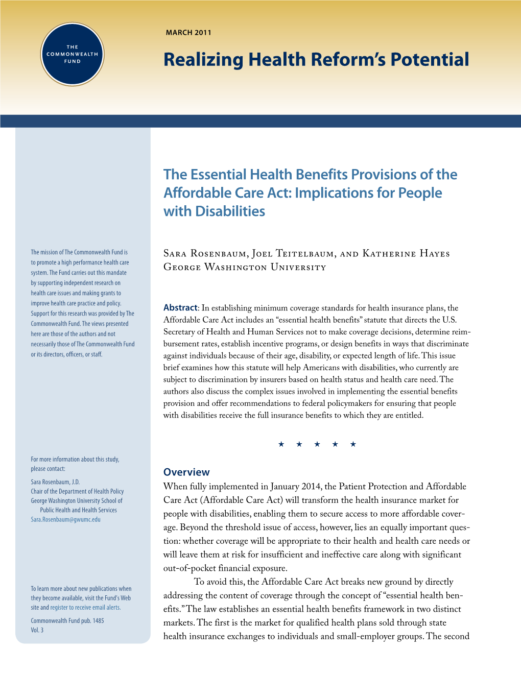 The Essential Health Benefits Provisions of the Affordable Care Act: Implications for People with Disabilities