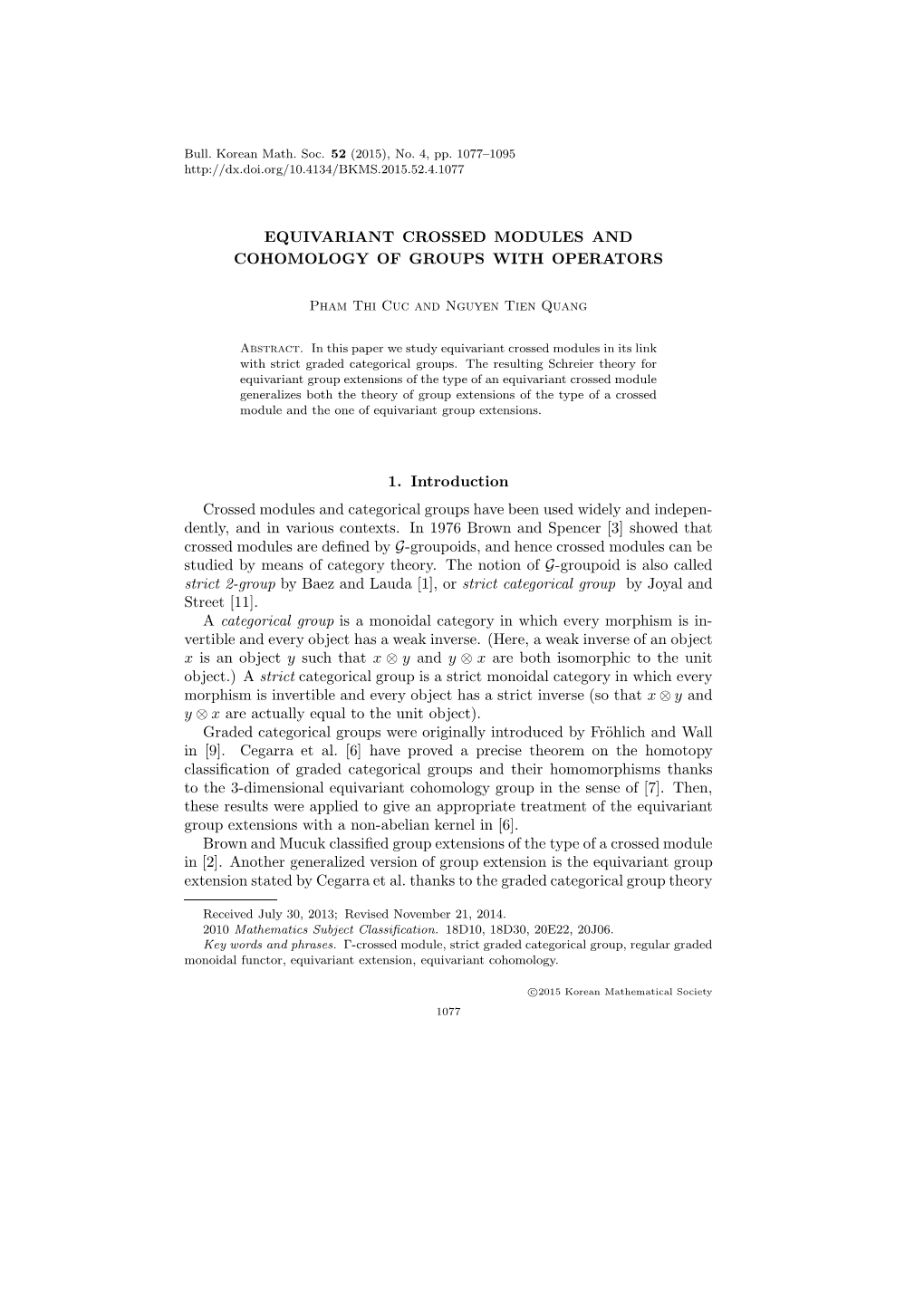 Equivariant Crossed Modules and Cohomology of Groups with Operators