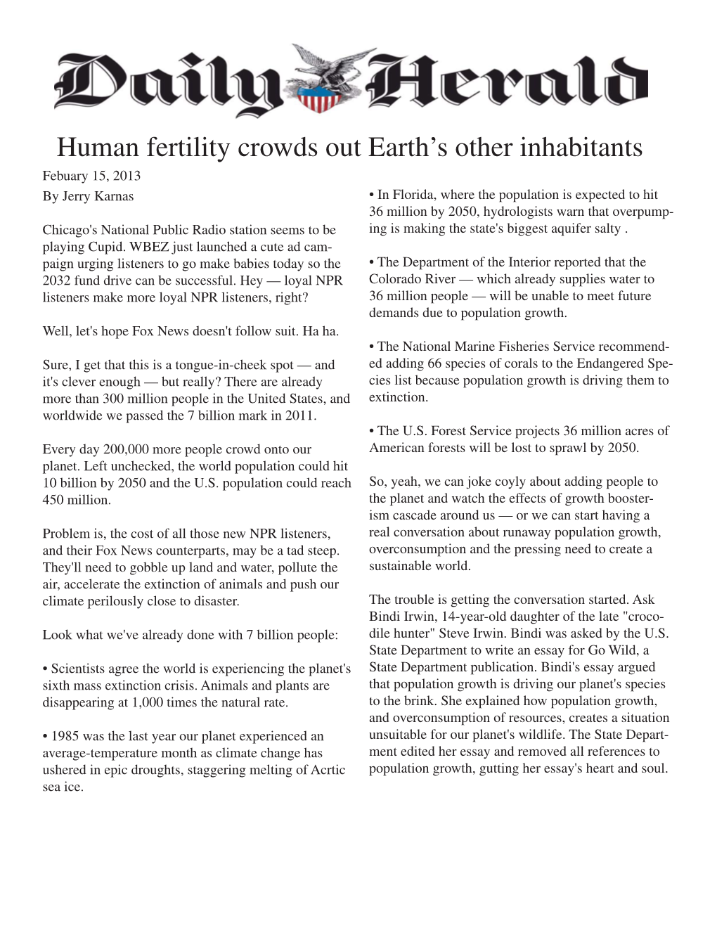 Human Fertility Crowds out Earth's Other Inhabitants