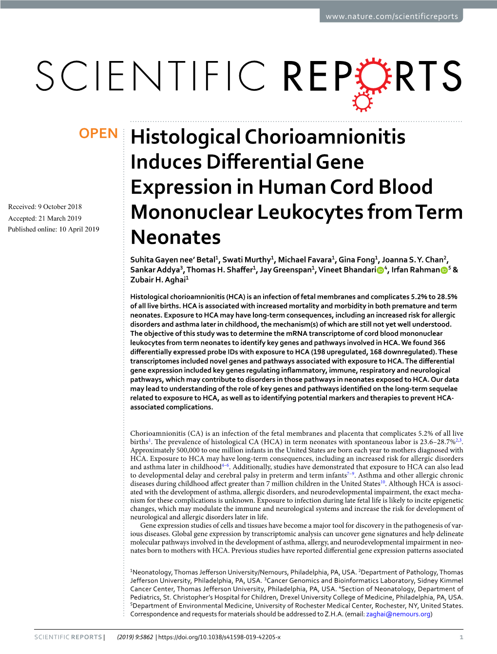 Histological Chorioamnionitis Induces Differential Gene Expression In