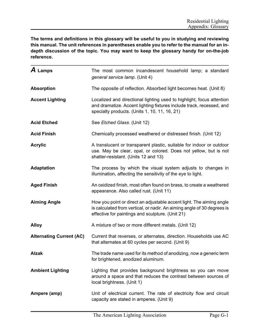 Residential Lighting Appendix: Glossary the American Lighting