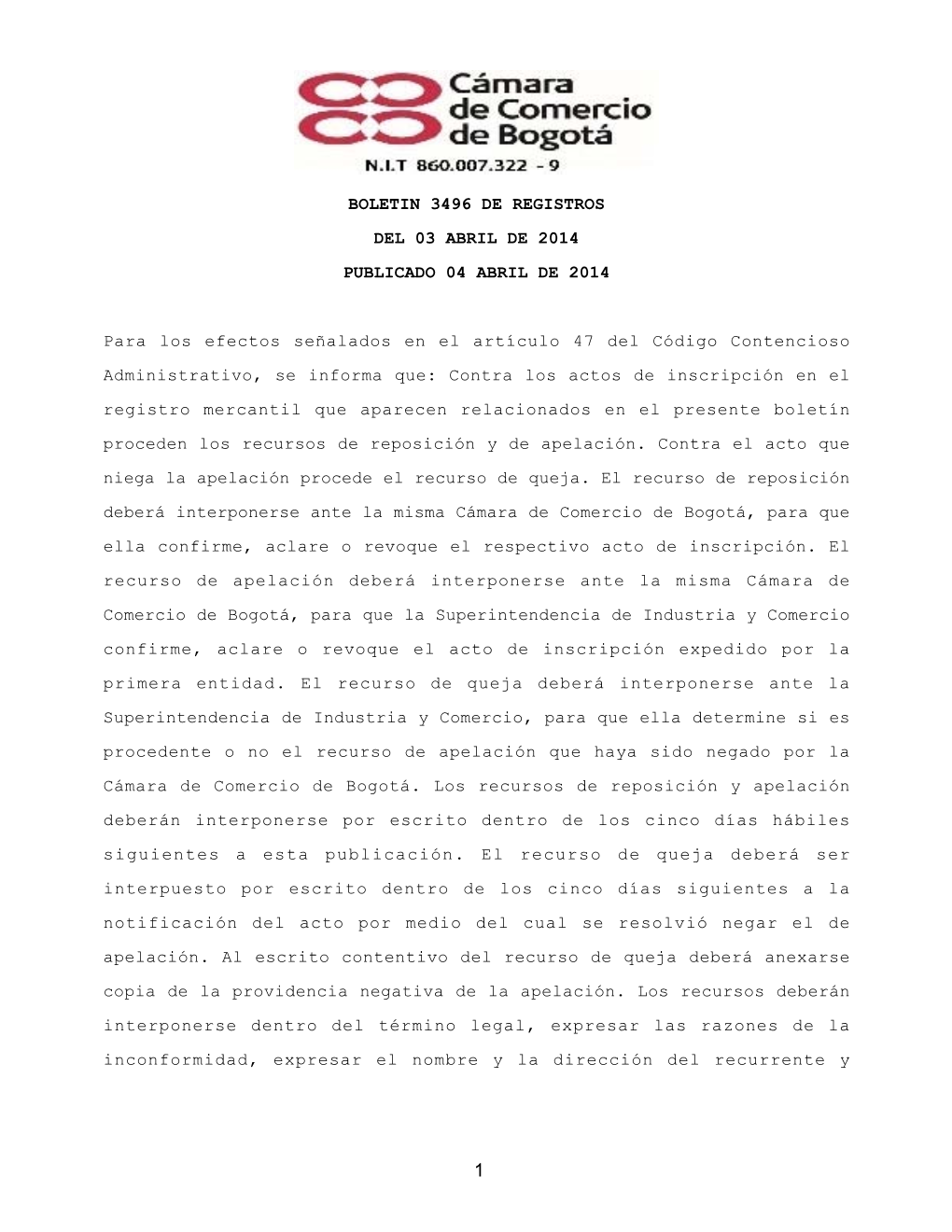 Boletin 3496 De Registros Del 03 Abril De 2014 Publicado 04 Abril De 2014