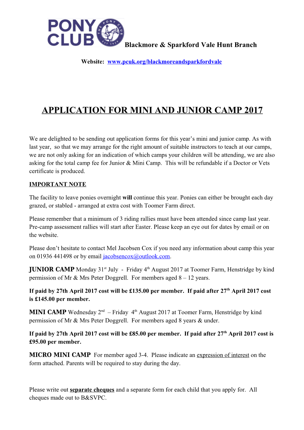 Application for Mini and Junior Camp 2017