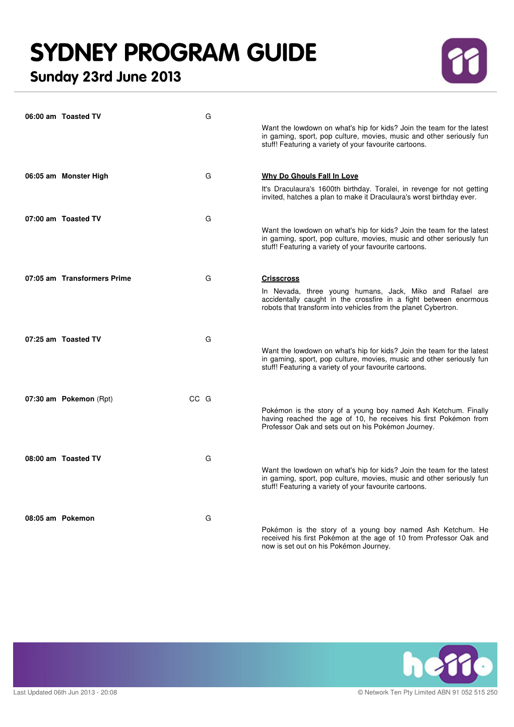 SYDNEY PROGRAM GUIDE Sunday 23Rd June 2013