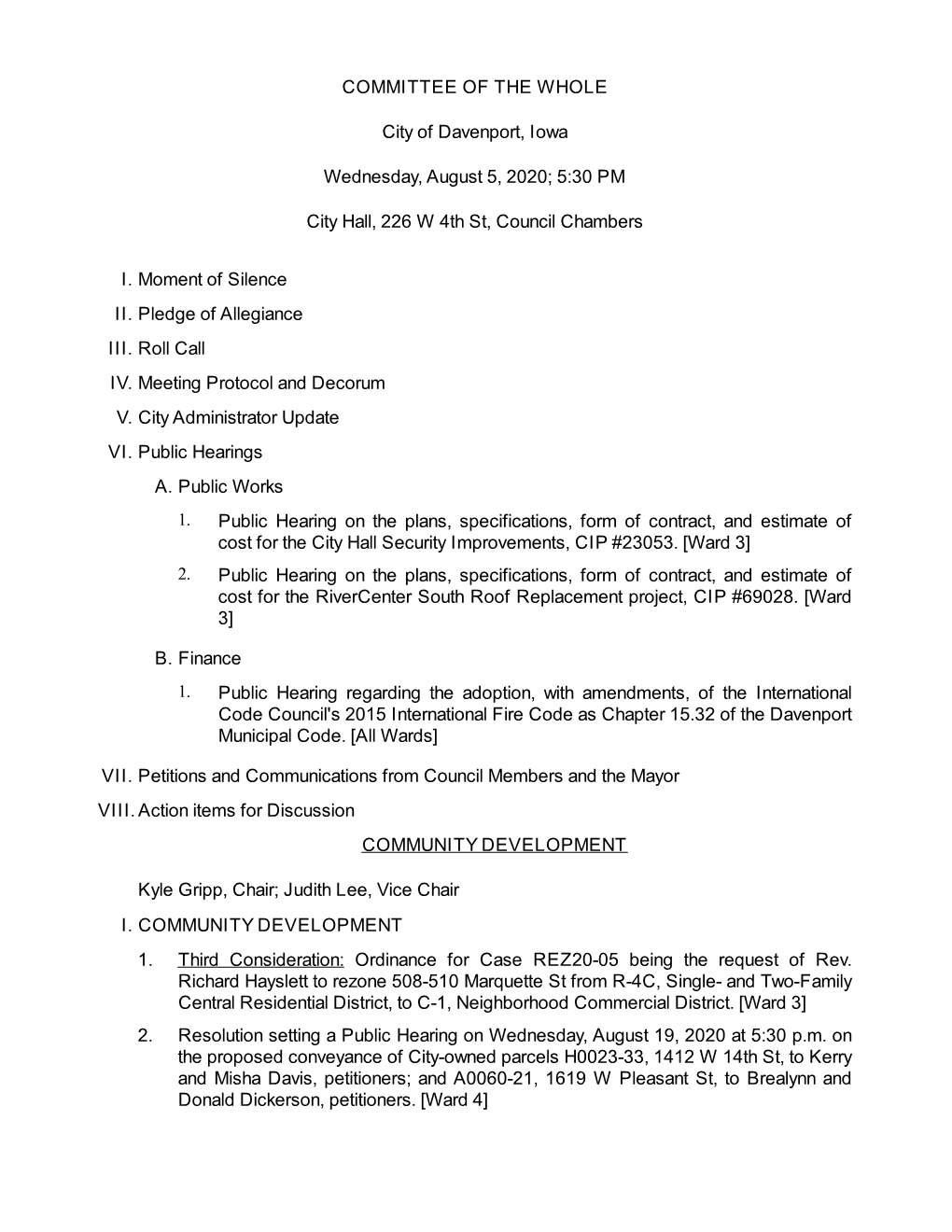 COMMITTEE of the WHOLE City of Davenport, Iowa Wednesday