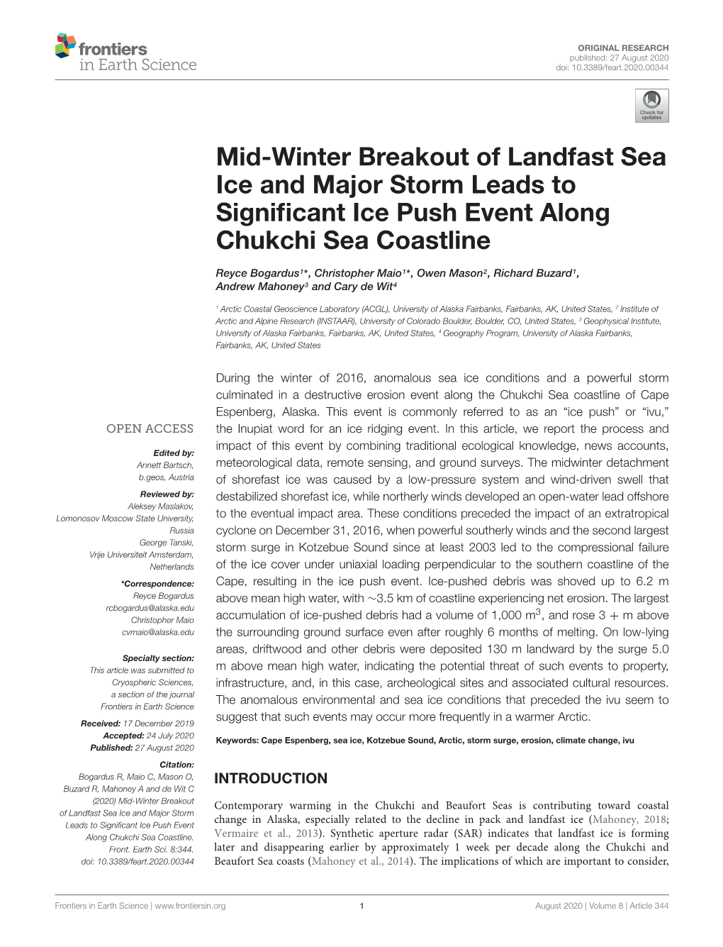 Mid-Winter Breakout of Landfast Sea Ice and Major Storm Leads to Significant Ice Push Event Along Chukchi Sea Coastline
