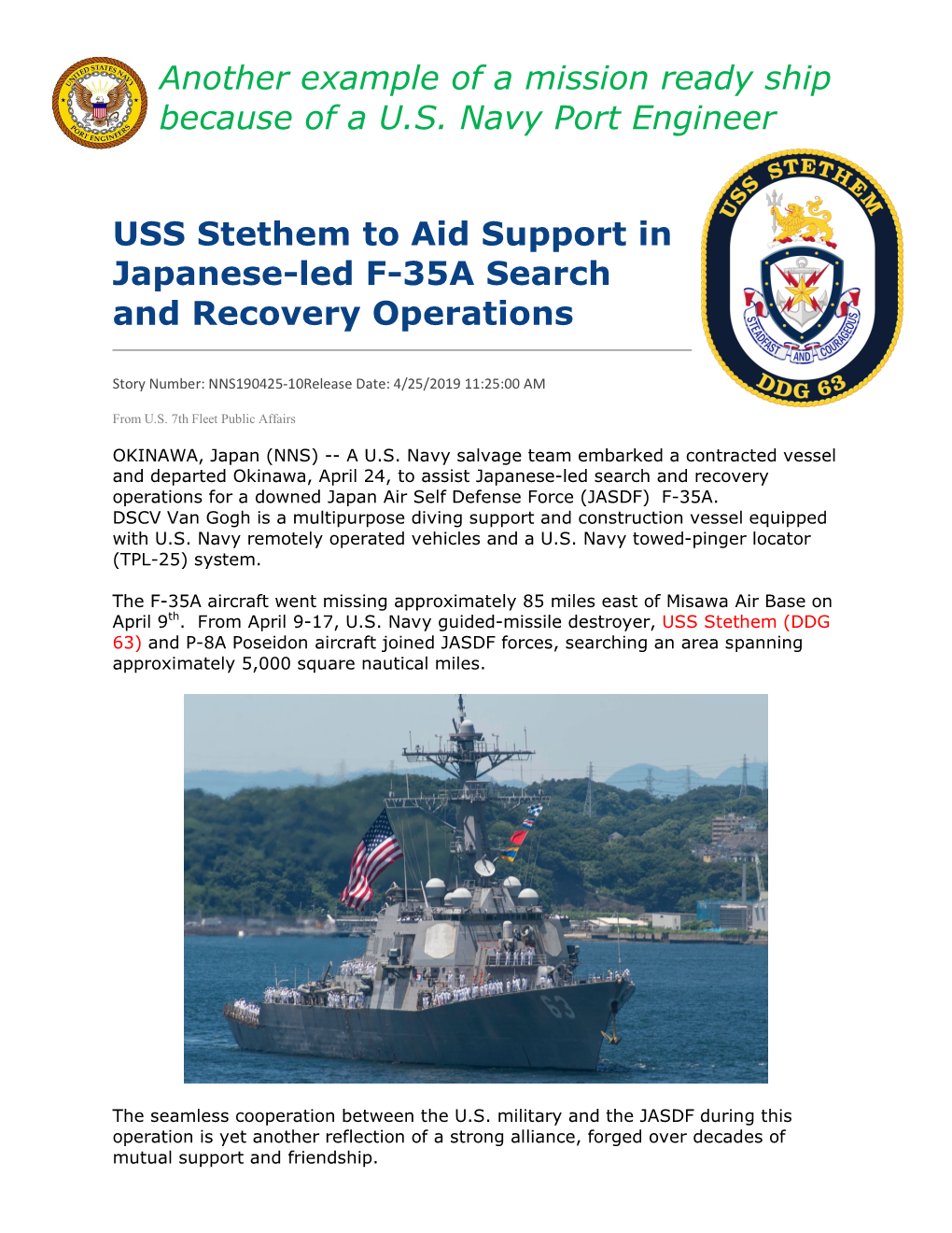 USS Stethem to Aid Support in Japanese-Led F-35A Search and Recovery Operations