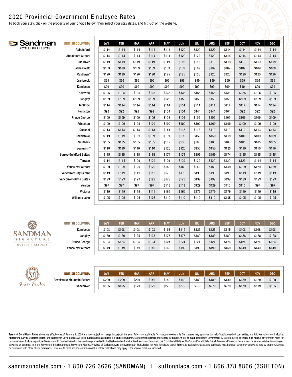 2020 Provincial Government Employee Rates Sandmanhotels.Com · 1 800 726 3626 (SANDMAN) | Suttonplace.Com · 1 866 378 8866 (3SU