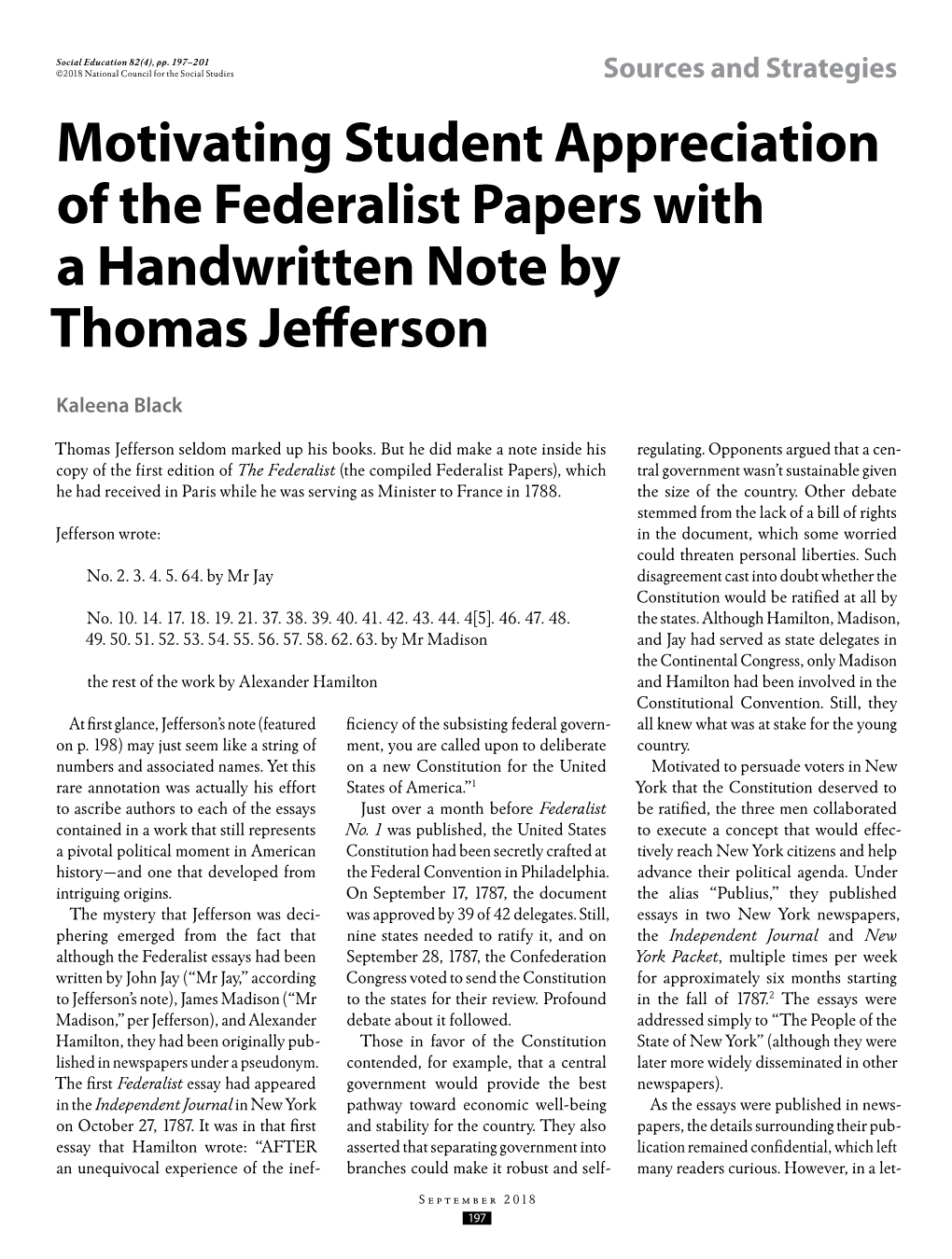 Motivating Student Appreciation of the Federalist Papers with a Handwritten Note by Thomas Jefferson