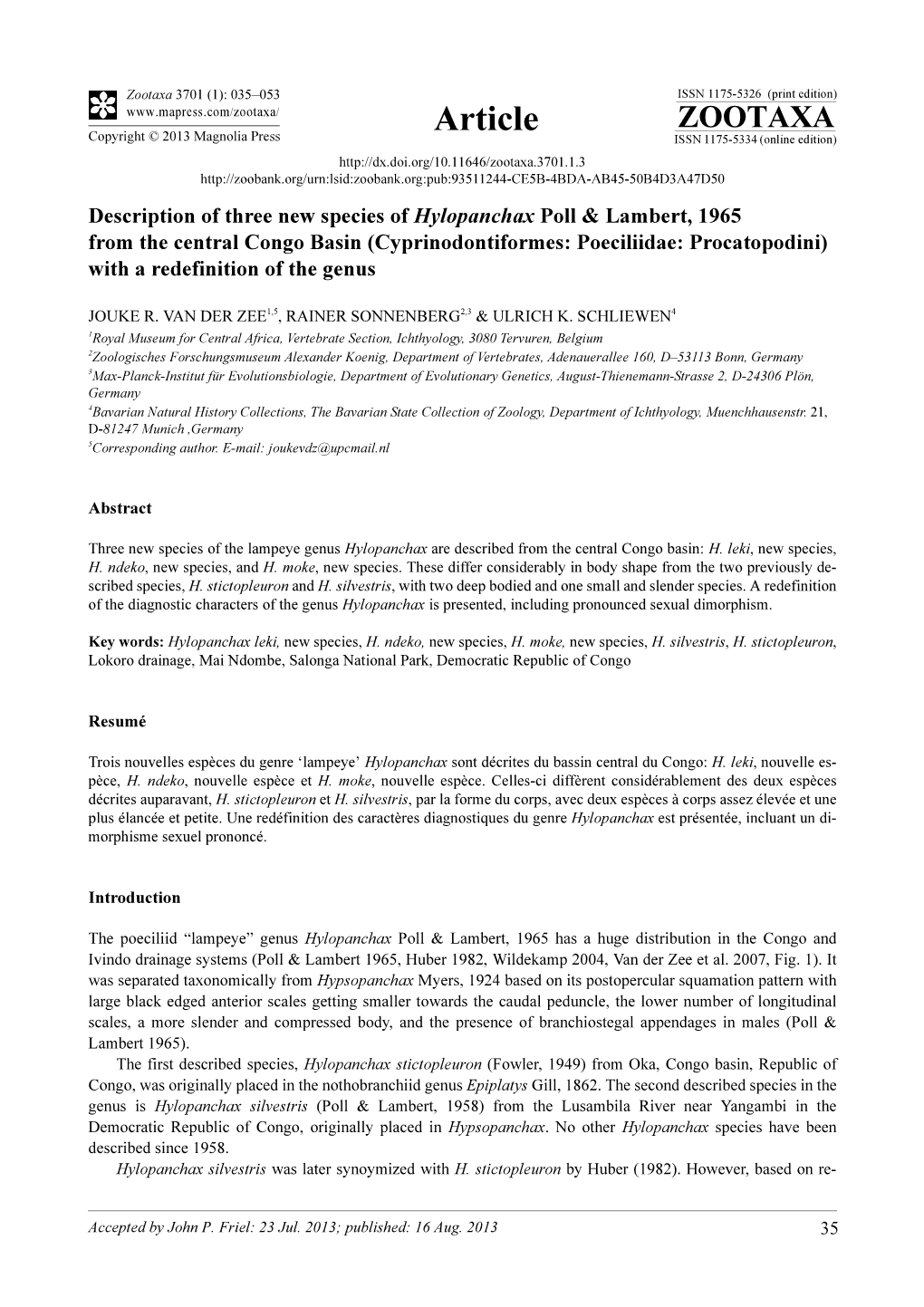 Description of Three New Species of Hylopanchax Poll & Lambert, 1965