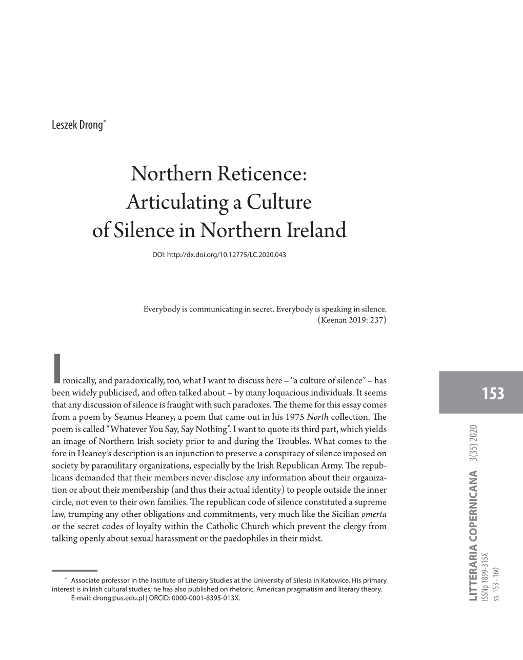 Articulating a Culture of Silence in Northern Ireland DOI