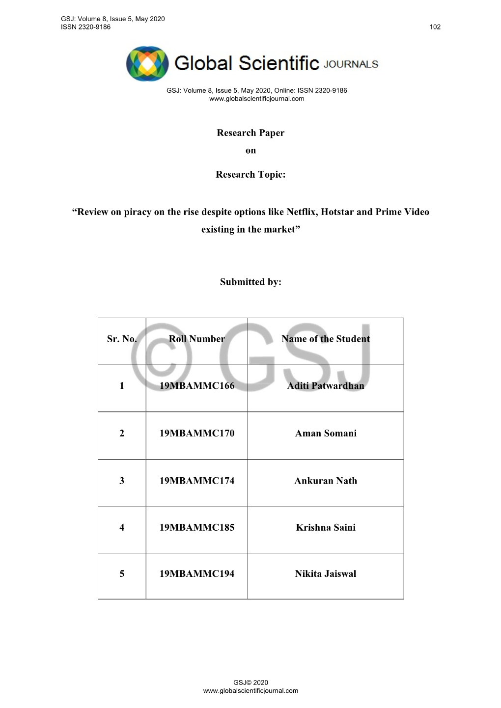 Research Paper on Research Topic: “Review on Piracy on the Rise Despite Options Like Netflix, Hotstar and Prime Video Existing