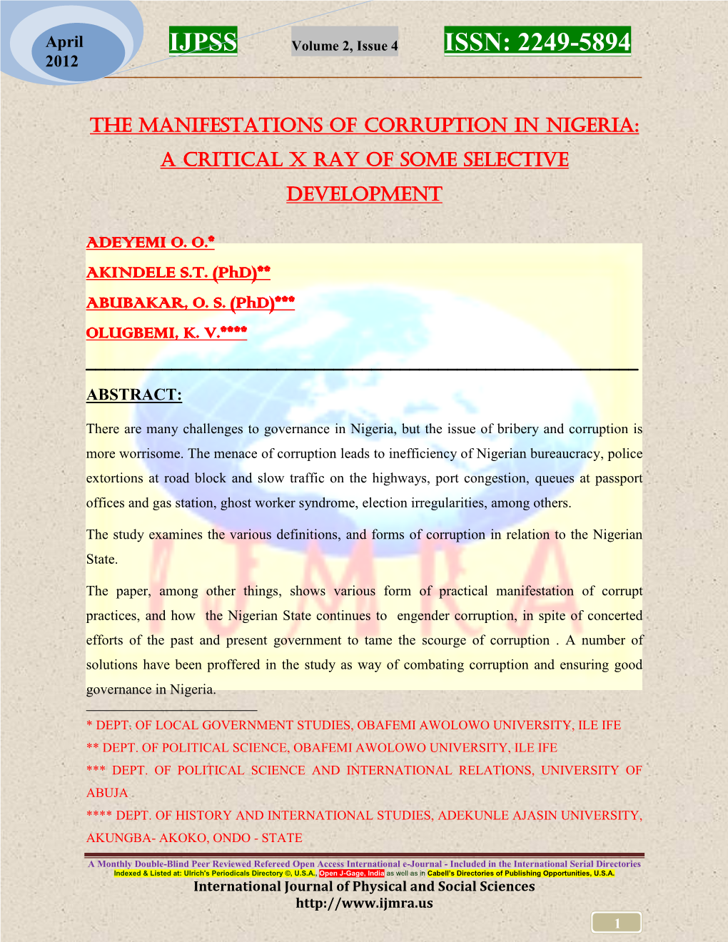 The Manifestations of Corruption in Nigeria: a Critical X Ray of Some Selective Development