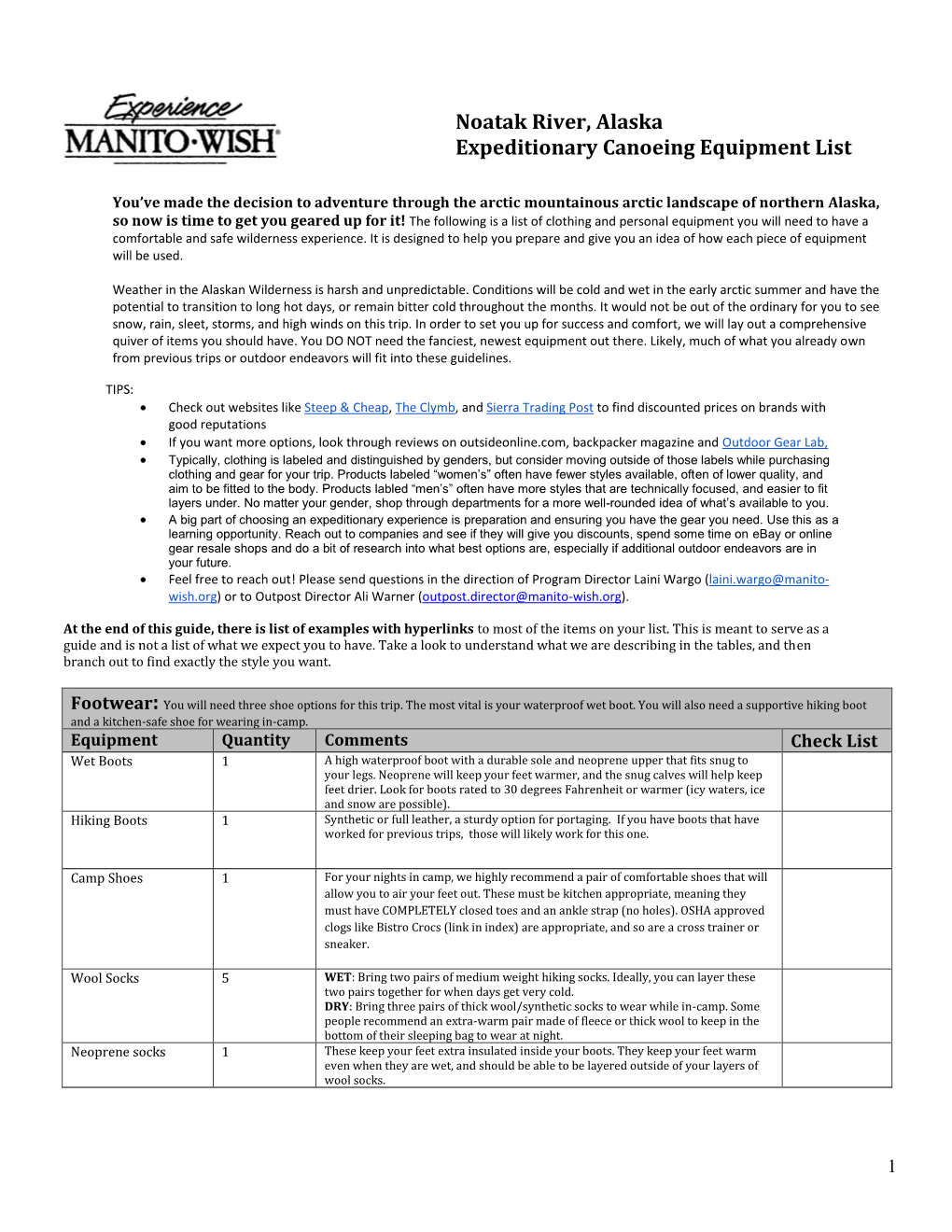 Noatak River, Alaska Expeditionary Canoeing Equipment List