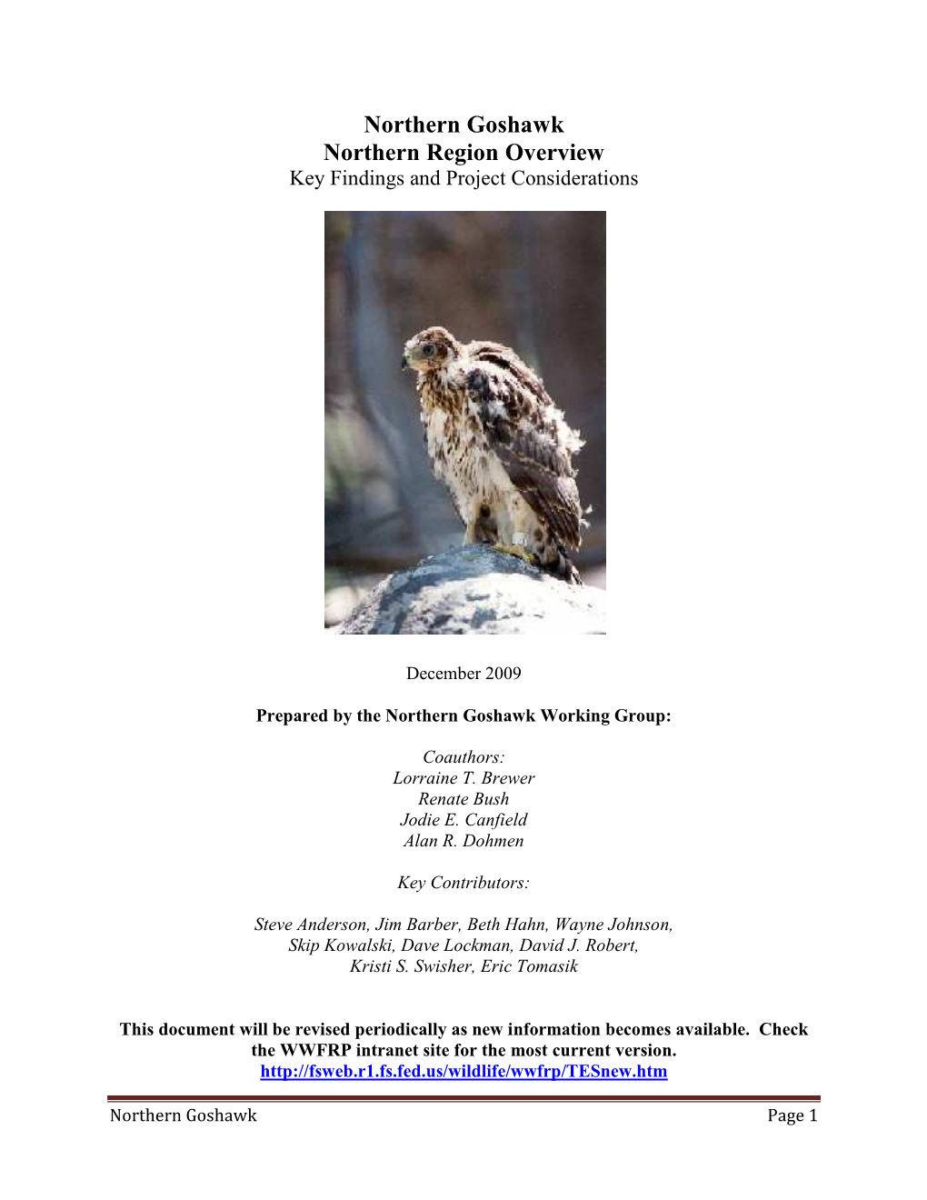 Northern Goshawk Northern Region Overview Key Findings and Project Considerations