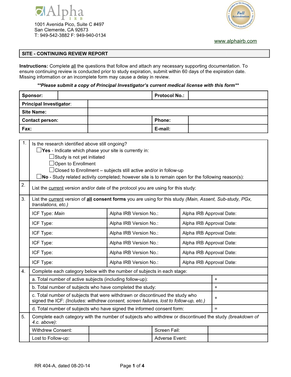 Site - Continuing Review Report