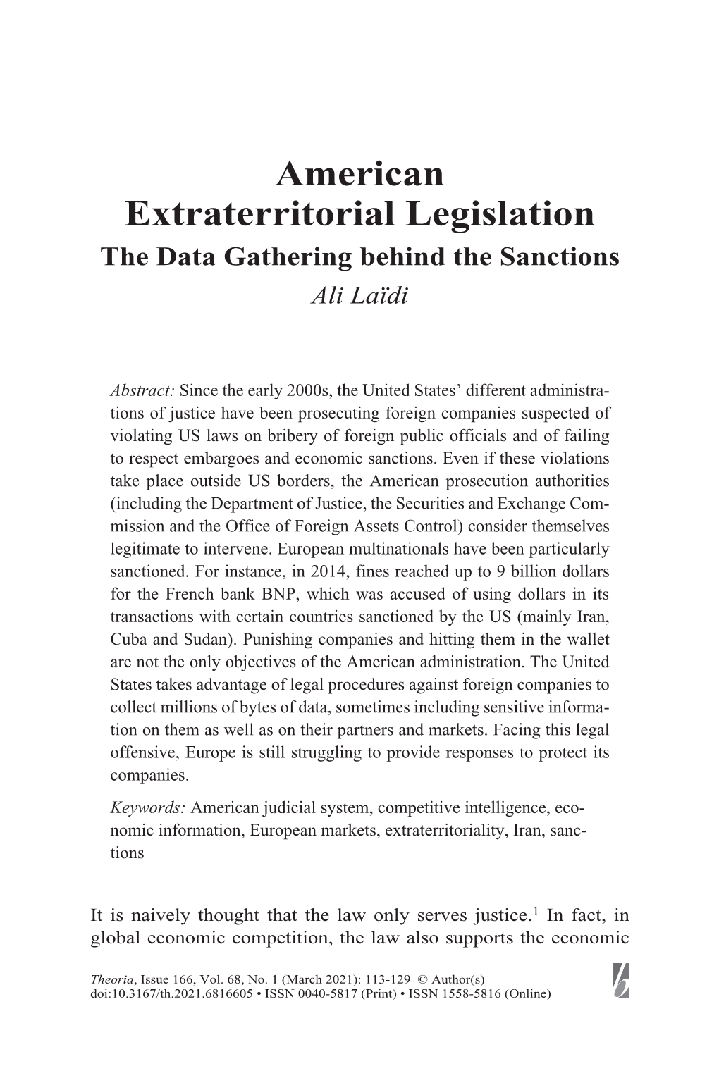 American Extraterritorial Legislation the Data Gathering Behind the Sanctions Ali Laïdi