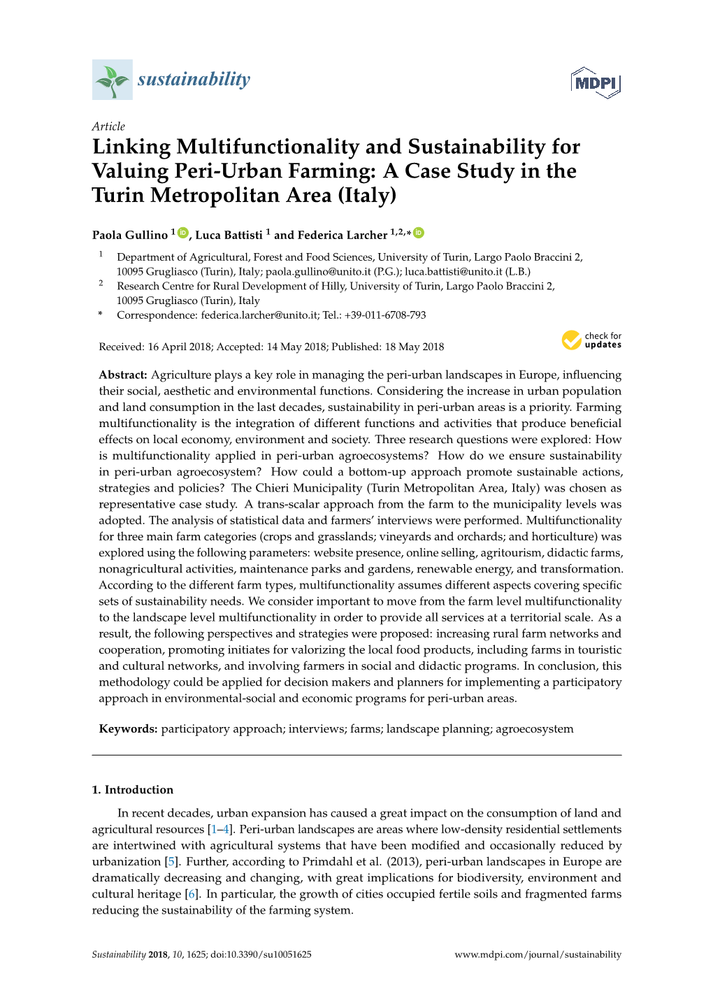 Linking Multifunctionality and Sustainability for Valuing Peri-Urban Farming: a Case Study in the Turin Metropolitan Area (Italy)