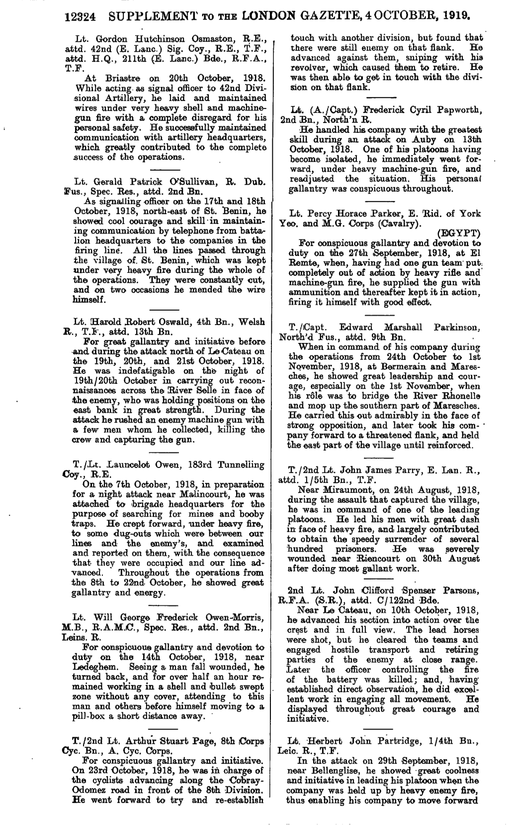 12324 Supplement to the London Gazette, 4 October, 1919