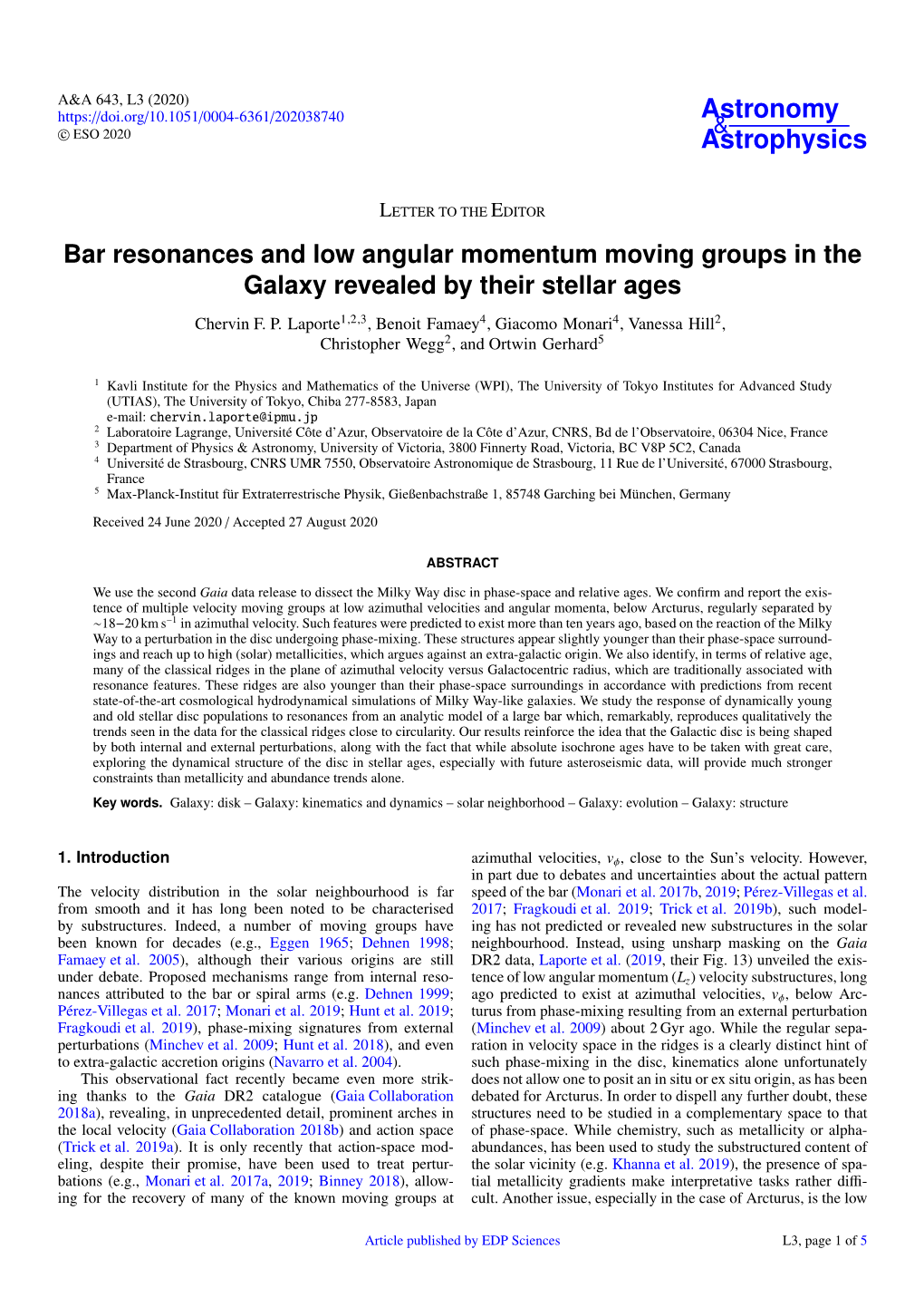 Bar Resonances and Low Angular Momentum Moving Groups in the Galaxy Revealed by Their Stellar Ages Chervin F