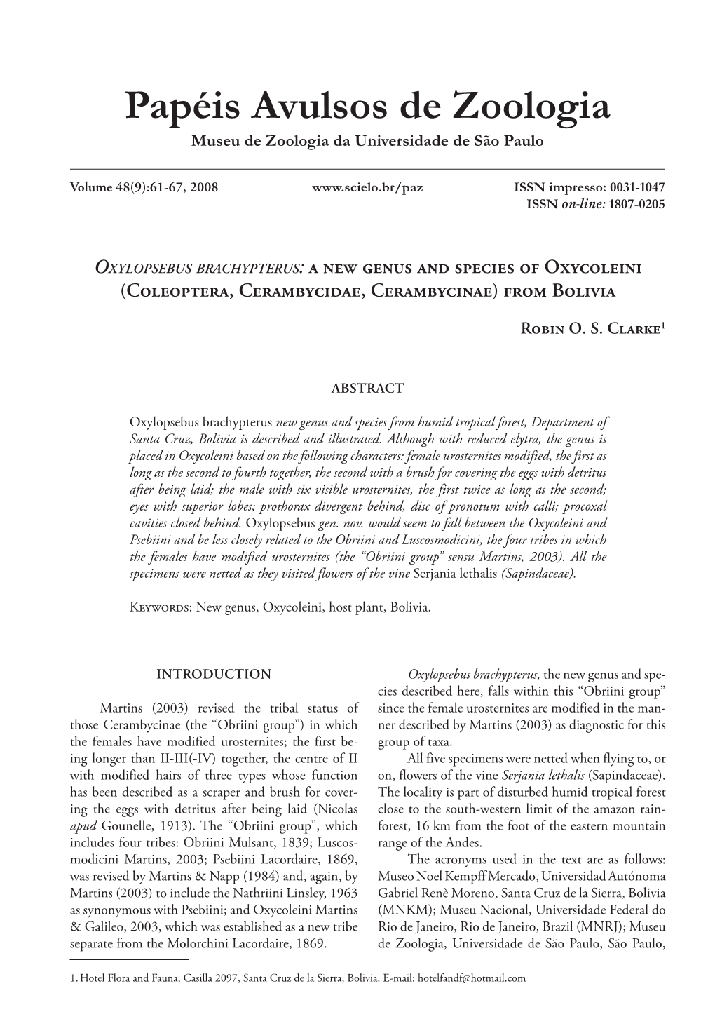 Oxylopsebus Brachypterus: a New Genus and Species of Oxycoleini (Coleoptera, Cerambycidae, Cerambycinae) from Bolivia