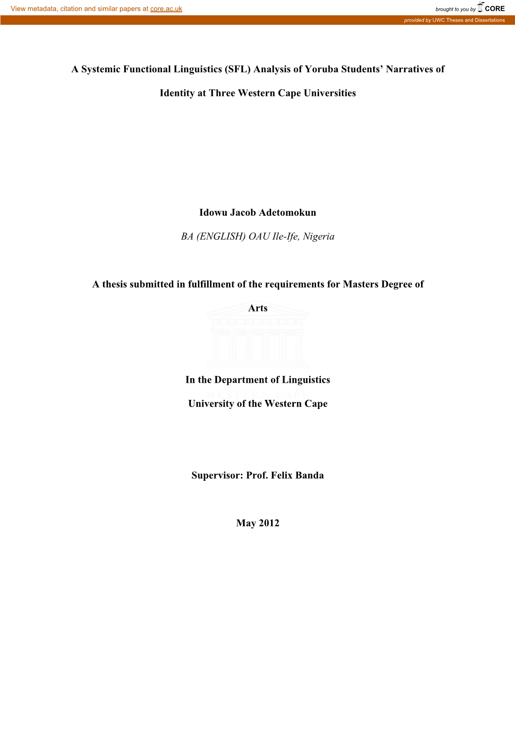 A Systemic Functional Linguistics (SFL) Analysis of Yoruba Students’ Narratives Of