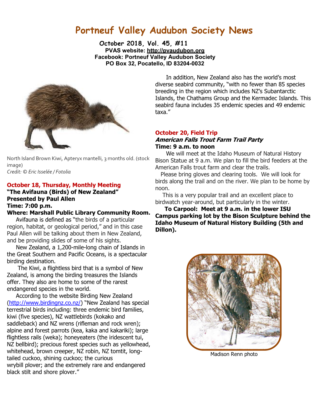 Portneuf Valley Audubon Society News October 2018, Vol