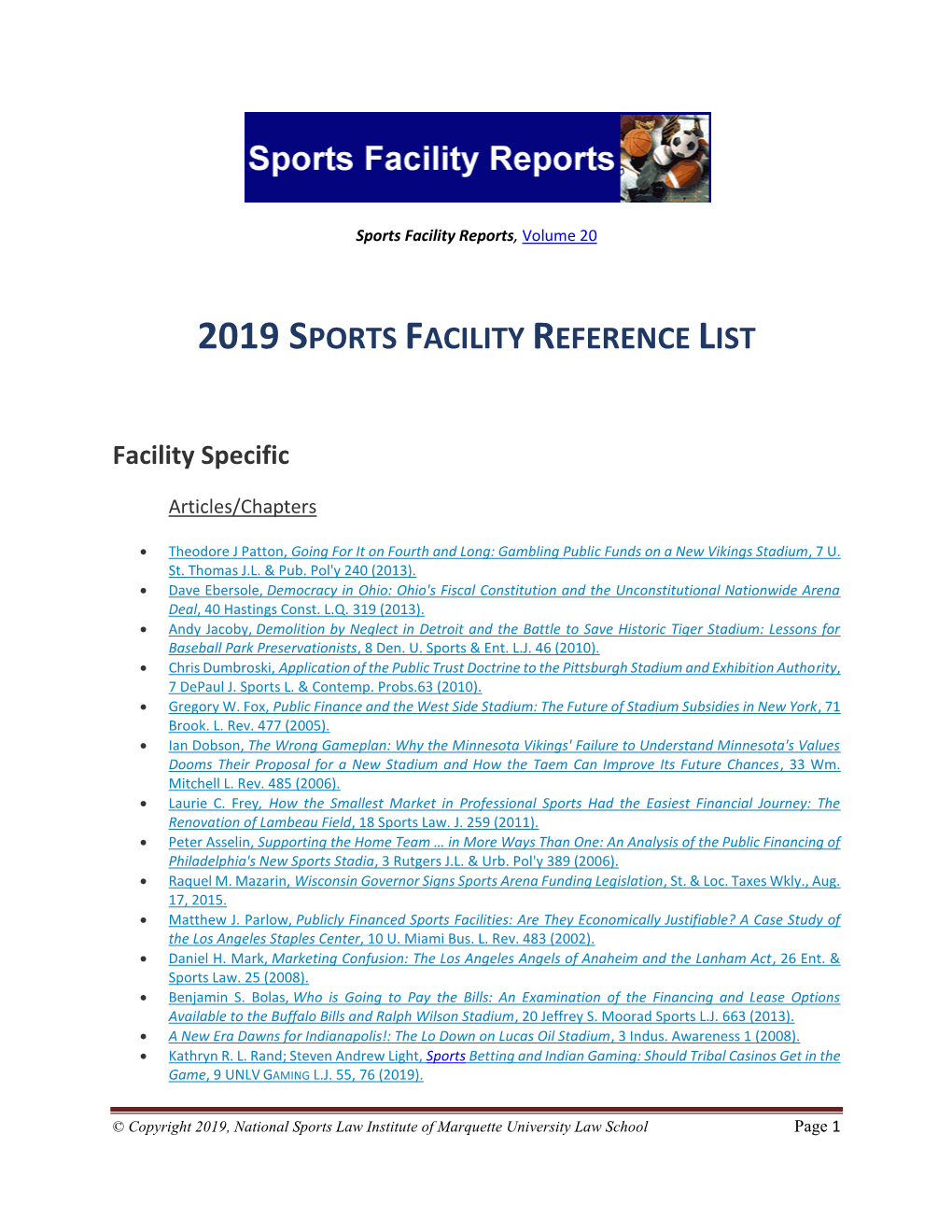 2019 Sports Facility Reference List