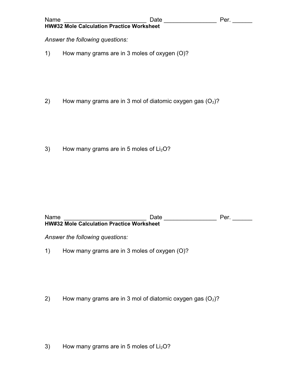 Mole Calculation Practice Worksheet