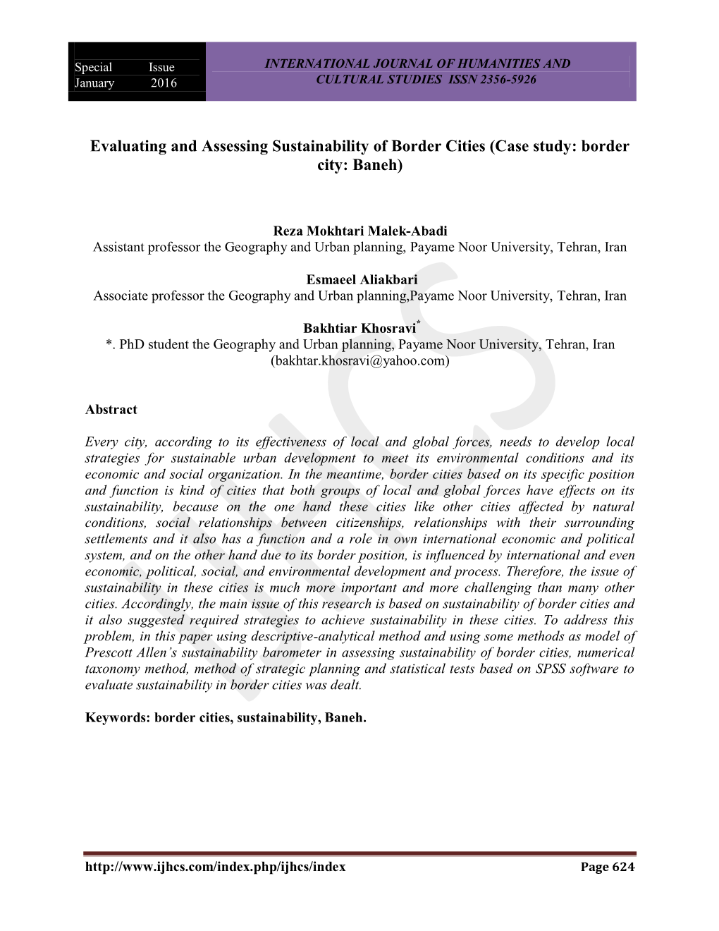 Evaluating and Assessing Sustainability of Border Cities (Case Study: Border City: Baneh)