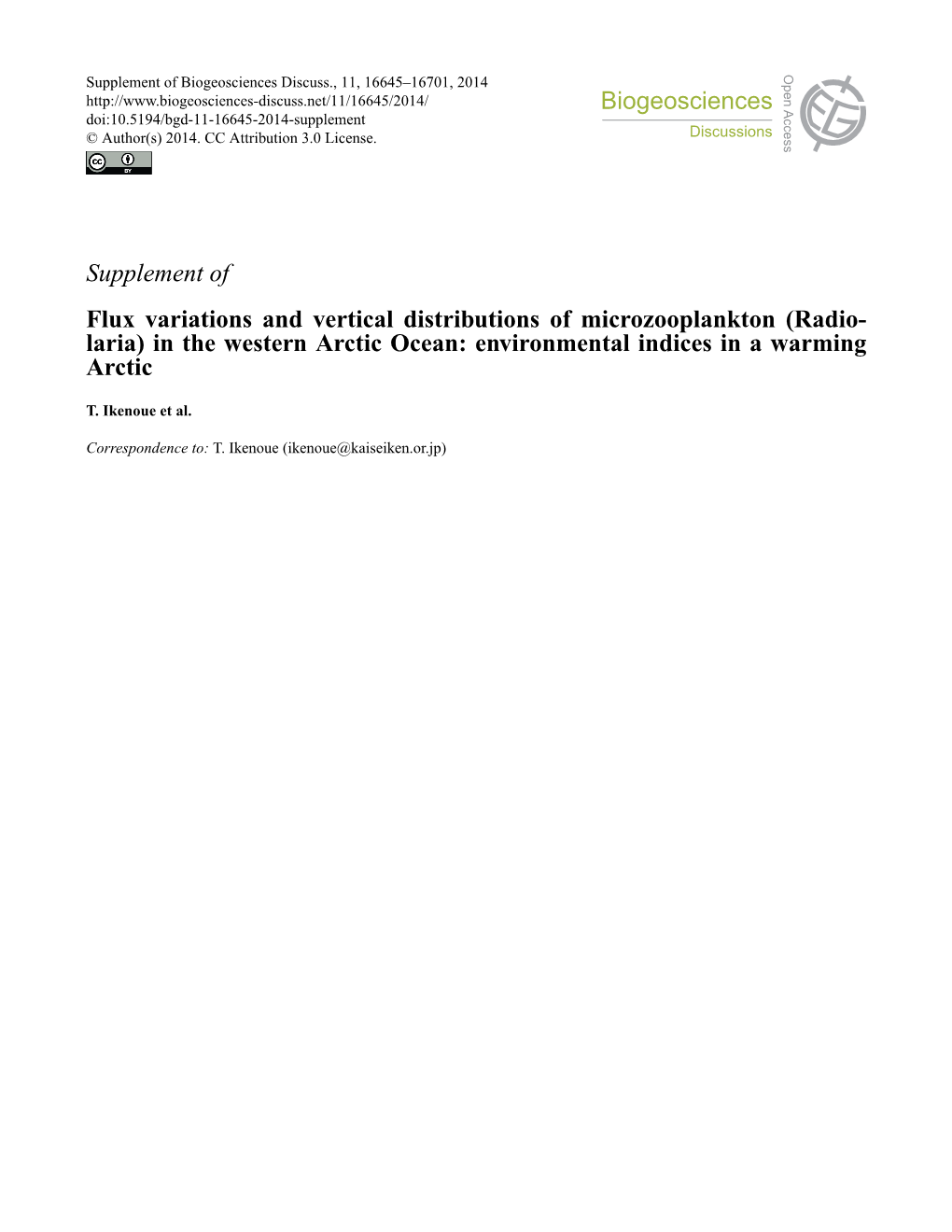 Supplement of Flux Variations and Vertical Distributions of Microzooplankton (Radio- Laria) in the Western Arctic Ocean: Environmental Indices in a Warming Arctic