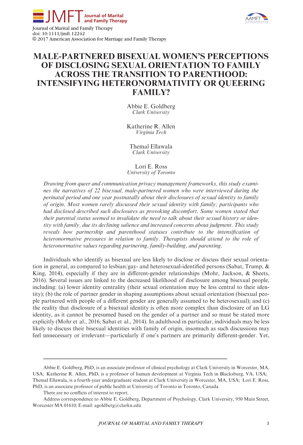 Male-Partnered Bisexual Women's Perceptions of Disclosing Sexual