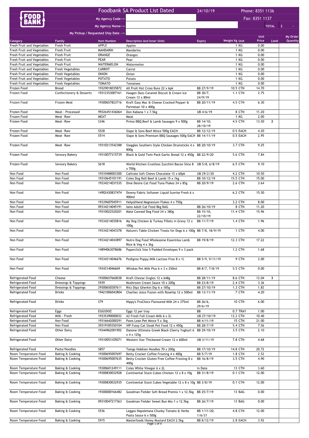 Foodbank SA Product List Dated 24/10/19 Phone: 8351 1136