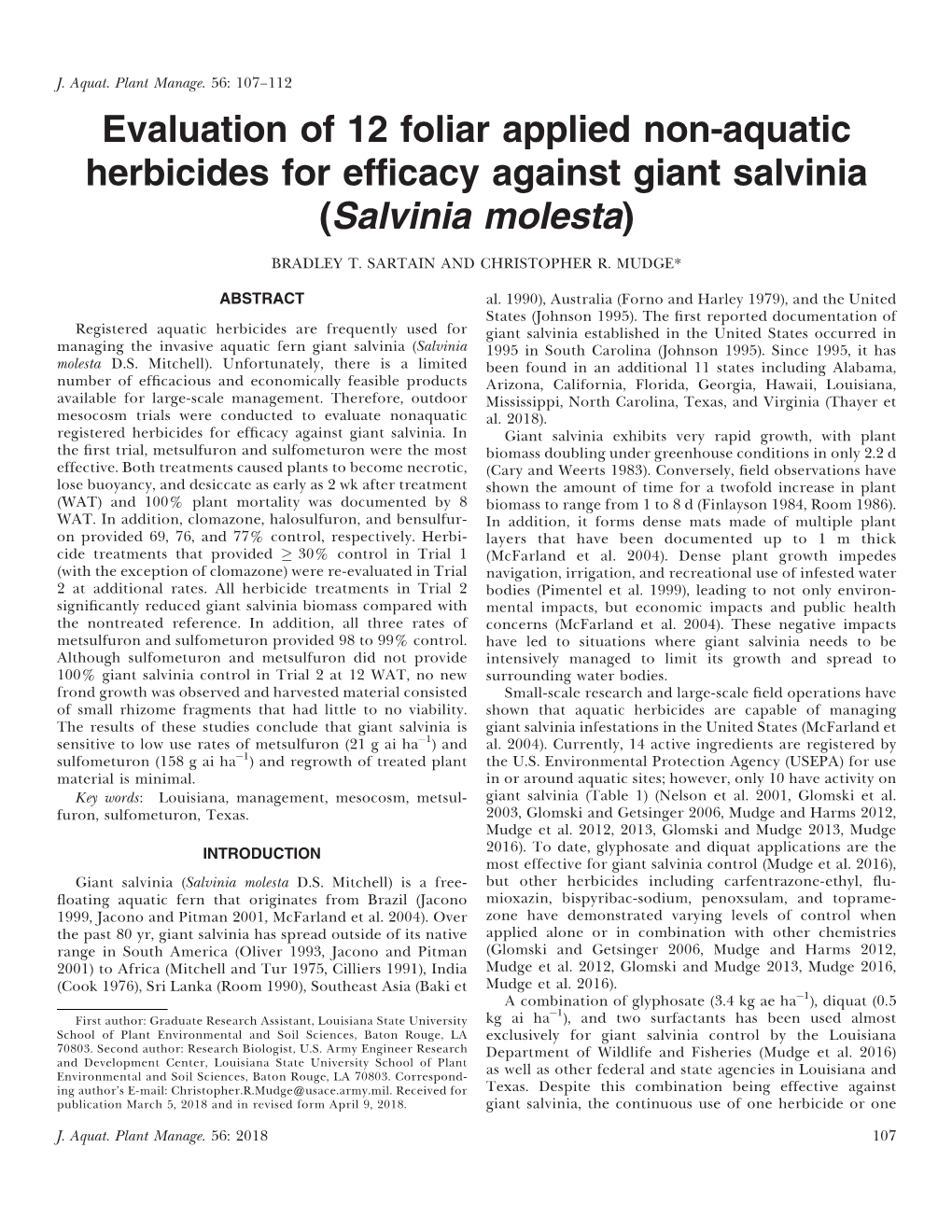 Evaluation of 12 Foliar Applied Non-Aquatic Herbicides for Efficacy Against Giant Salvinia (Salvinia Molesta)